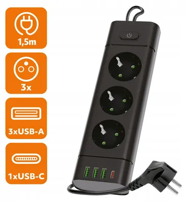 Obrázek produktu pro Prodlužovací lišta černá, 3 zásuvky, 3x USB, USB-C, 1.5m