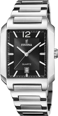 A close-up studio shot of a men's wristwatch with a silver stainless steel band and a black square face.