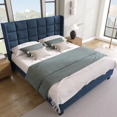 Image de OKWISH Lit double 140x200 - Lit adulte capitonné avec sommier à lattes - Lin - Sans Matelas - Bleu