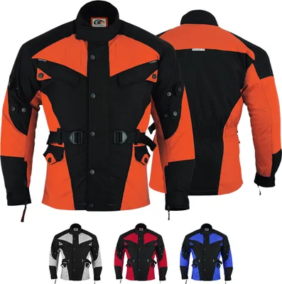 Cordura-Herren-Motorradjacke in Orange, Vorder- und Rückansicht. Mit Protektoren für Arme, Brust, Schultern, Ellbogen und Rücken. Zwei Innentaschen mit Reißverschluss. Erhältlich in drei weiteren Farben.