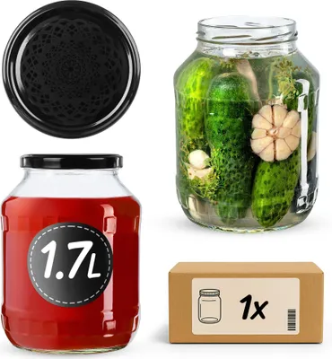 Obrázek produktu pro Zavařovací sklenice KADAX 1,7 l se šroubovacím víčkem fi89, velké zavařovací sklenice s širokým otvorem na nakládání okurek, kimči a kysaného zelí, sklenice na zavařování a kvašení (černá špička, 1 kus)