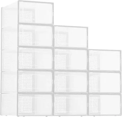 Obrázek produktu pro Sada 12 kusů krabic na boty – skládací a stohovatelné úložné boxy na boty – průhledný plast – vhodné do šatny a na boty – opakovaně použitelné – bílé