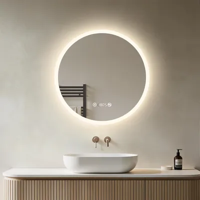 Produktbild von Heilmetz LED Badspiegel Rund 60 cm, Badezimmerspiegel mit Beleuchtung & Antibeschlag, Dimmbar, Touch-Schalter, Uhr & Temperatur, IP44 Neutralweiß