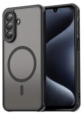 A smartphone case with a magnetic ring is shown next to a smartphone.