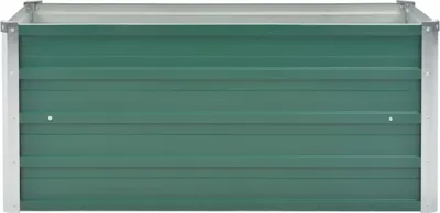A front view of a green metal raised garden bed with silver trim.