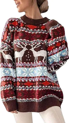 Image de ASKSA Femme Couleur Bloc rond Pulls de Noël Manches Longues Pulls en tricot Sweat de Noël Chaud Elégant Pull de Noël Oversize,Marron,S