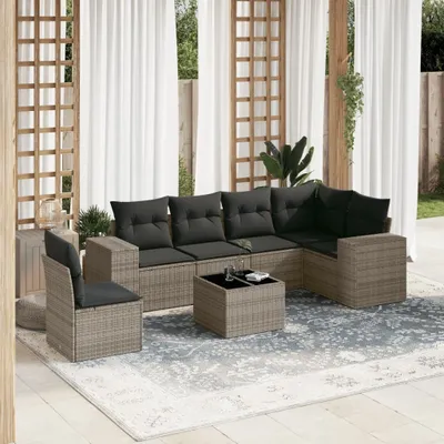 Produktbild von Design 7-tlg. Garten-Sofagarnitur mit Kissen Grau Poly Rattan, Gartenmöbel-Sets 2024 Neu