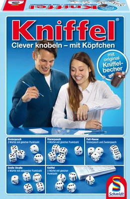Produktbild von Schmidt Spiele Familienspiel Würfelspiel Kniffel mit Lederwürfelbecher 49030