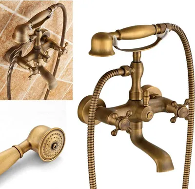 A collage of images showing a retro-style bronze faucet with a handheld showerhead, mounted on a tiled wall in one section and isolated in another.