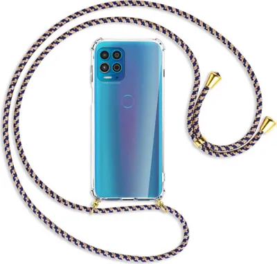 Produktbild von Handykette Backcover-Schutzhülle mit Band (Metall goldfarben) für Motorola Moto G100 - blau+beige