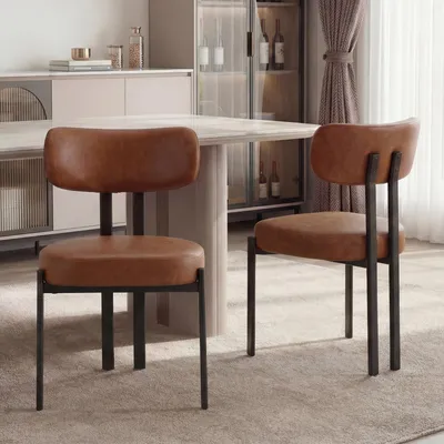 Productafbeelding van Set van 2 eetkamerstoelen van Polyurethanleer met zwarte metalen poten