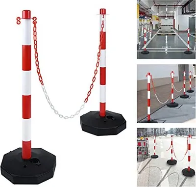 Produktbild von NAIZY 2er Set Absperrpfosten mit 2 Kunststoff Absperrkette von 140 cm, 82 x 28 x 28 cm Kettenpfosten Kettenständer Set für Verkehrskontrolle und Warnung , Rot-Weiß