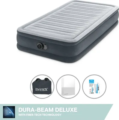 Produktbild von Intex Luftbett - 1 Person - 99 x 191 x 33 cm - Grau - Mit eingebauter Pumpe + Spannbettlaken Weiß + Reperaturset
