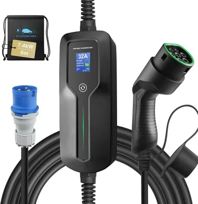Zdjęcie produktu dla Ładowarka do samochodów elektrycznych typu 2, z wtykiem CEE, regulowany kabel ładowania 16/24/32 A z wyświetlaczem, przenośna stacja ładowania pojazdów elektrycznych, zgodna z normą IEC 62196-2, ładowarka do samochodów elektrycznych
