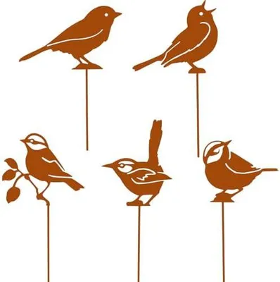 Produktbild von 5 Gartenstecker mit Vögeln aus Metall in Rostoptik, Gartendekoration für draußen, Terrasse, Balkon und Blumentöpfe, Geschenk für Gartenliebhaber