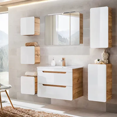 Produktbild von Badezimmer Set 7-tlg in Hochglanz weiß mit Wotan Eiche Nb. LUTON-56 mit LED-Spiegelschrank, B/H/T ca. 180/200/46 cm