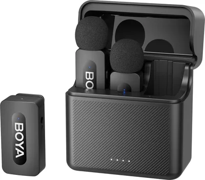 Produktbild von BOYA BY-V35 One-Trigger-Two 2,4G Kabelloses Mikrofonsystem Ansteck-Telefonmikrofon Omnidirektionales Mini-Ansteckmikrofon Automatische Kopplung Intelligente Geraeuschunterdrueckung 100?m uebertragungsreichweite mit Ladehuelle fuer 3,5-mm-Kamera