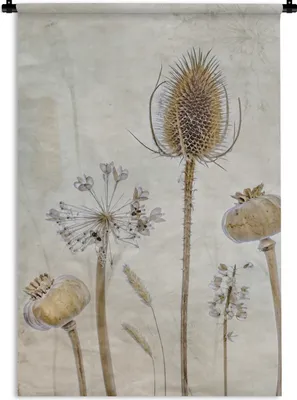 Produktbild von MuchoWow® Wandteppich Wandbehang Blumen - Aquarell - Stilleben - Braun - Vintage 60x90 cm Tapisserie Dekoration Wandtuch - Foto-Teppich - Abwaschbar