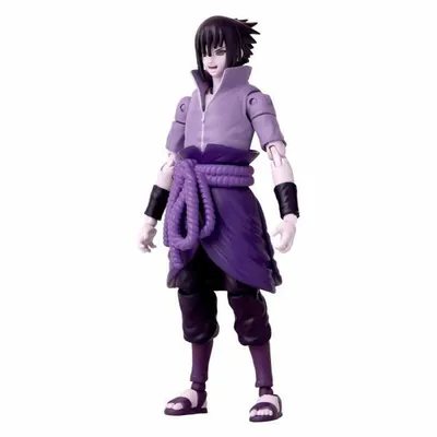 A full-body shot of an action figure of the character Sasuke Uchiha from the anime series Naruto.