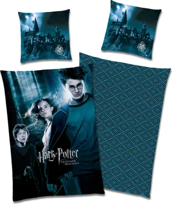 A collection of Harry Potter themed bedding items, including pillowcases and a duvet cover, laid out on a white background.