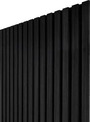 A close-up, angled view of a black wooden slatted panel.