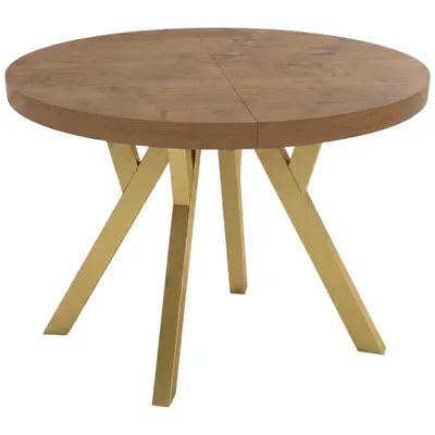 Productafbeelding van Eettafel CONVIVIO ADIDARMEBLE, diameter 90 cm, uitschuifbaar tot 130/170 cm, eikenhout LANCELOT (decoratief), gouden poten, 2 inlegplaten van elk 40 cm