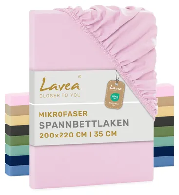 Produktbild von Lavea® Spannbettlaken 200x220 cm aus Mikrofaser, Bettlaken mit Rundumgummi, für Matratzen bis 35 cm, atmungsaktiv und kühlend, pflegeleicht, Spannbetttücher, 1 Stück, Rosa