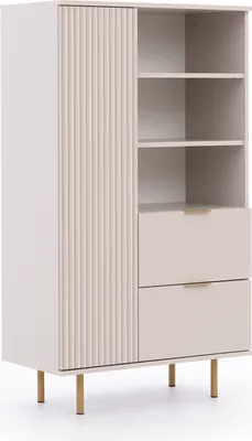 Produktbild von Bücherregal Nubia R1D2SZ Standregal mit 1-Tür und 2-Schubladen Push to Open system Vitrine gefräste Fronten (Kaschmir + goldene Beine)