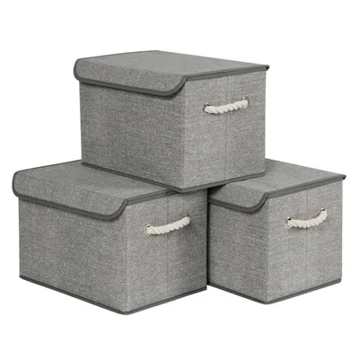 Produktbild von 3 faltbare graue Stoffboxen mit Deckel und Griff