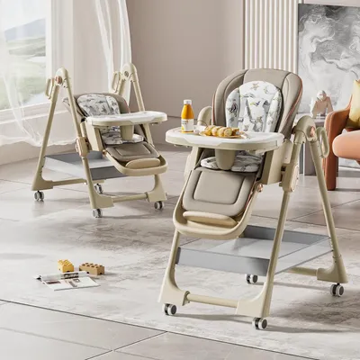 Immagine prodotto di Seggiolone per bambini - XCZY8122 - Tavolino regolabile - Trasformabile in poggiagambe - Struttura in metallo - Ruote con freno - Seduta imbottita - Colore kaki