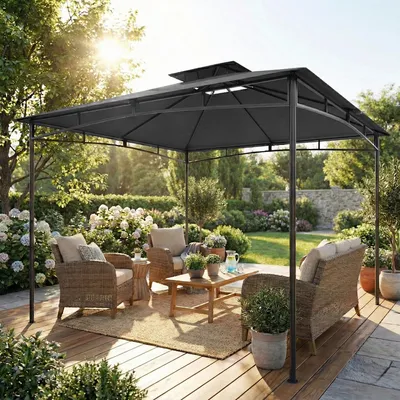 Produktbild von SUGIFT Gartenpavillon 3x3m Doppeldach, Pavillon wasserdicht stabil, Metallrahmen pulverbeschichtet, Dunkelgrau | 300x300x285 cm | 180 g/m² UPF 50+