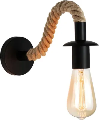 A single wall lamp with a black base and a rope arm holding a light bulb.