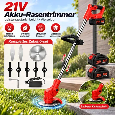 Produktbild von 21V Akku-Rasentrimmer, Mit 2 × 2000 mAh Akku und Ladegerät, Freischneider, Motorsense, Teleskop-Stiel & Zusatzhandgriff