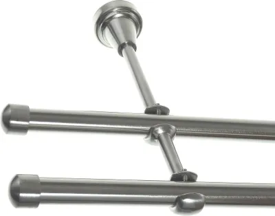 Produktbild von Gardinenstange Set Edelstahl Look Metall Ø 16mm zur Wandbefestigung 2-lauf Kappe, Länge wählbar H24 E17 E17