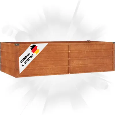 A wooden raised garden bed with a 'Designed in Germany' label.