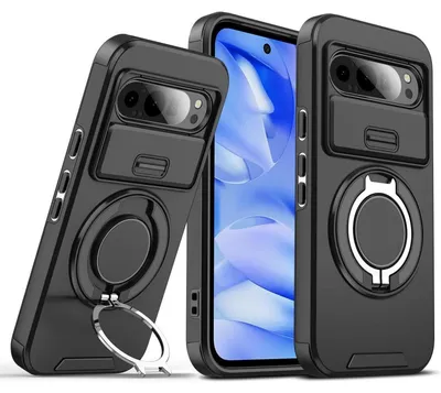 Image de Coque de protection pour Google Pixel 9 Pro XL, avec protection de l'appareil photo, anneau magnétique pour support, protection renforcée, couleur noire