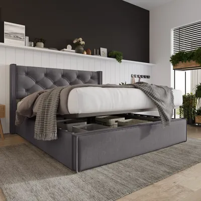 Produktbild von STILVORA Jugendbett 140x200cm Polsterbett mit hohem Kopfteil,Stauraumbett mit Lattenrost aus Metallrahmen,Grau(ohne Matratze)