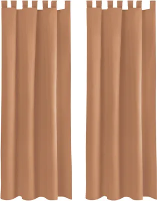 Two brown curtains hanging side-by-side against a white background.