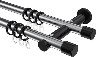 Produktbild von Interdeco Gardinenstange / Vorhangstange Chrom / Schwarz, Typ Platon Santo (Kappe), 20 mm Ø 2-läufig, 320 cm