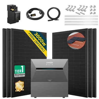 Produktbild von ALLDREI Balkonkraftwerk mit Speicher Anker Solix Solarbank 3 E2700 Pro & BP2700*1,Komplettset mit 6x500W Bifazialer Solarpanel & Smarten Zähler