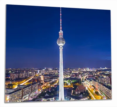 Produktbild von Wallario Herdabdeckplatte aus Glas, Größe 60 x 52 cm 2-teilig, Motiv Fernsehturm Berlin bei Nacht