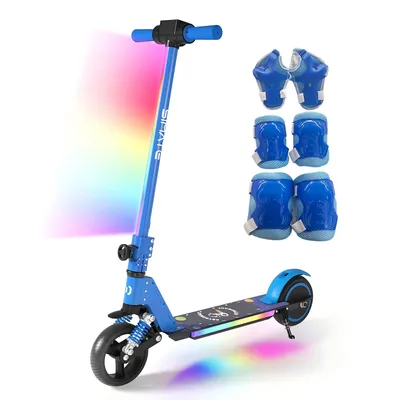 Produktbild von Elektroroller Kinder mit Schutzausrüstung, Elektroscooter Für 6–12 Jahre, 130W, 14 km/h, 5–8 km, LED-Display, Stoßdämpfer, Klappbar E-Scooter Blau