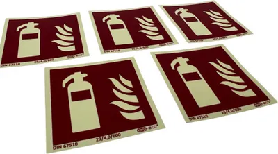Produktbild von 5er Set Feuerlöscher Aufkleber 5x5cm, Folie selbstklebend nachleuchtend