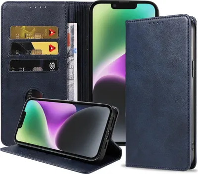 Produktbild von Smartphonica iPhone 14 Kunstledertasche mit Magnetverschluss und Kartenhaltern Buchhülle - Blau