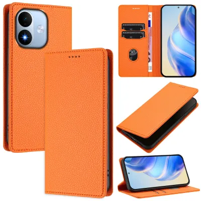 Image de Étui en cuir pour Xiaomi Redmi Note 17 4G, en cuir "litchi", type portefeuille avec compartiments pour cartes et support intégré, couleur orange