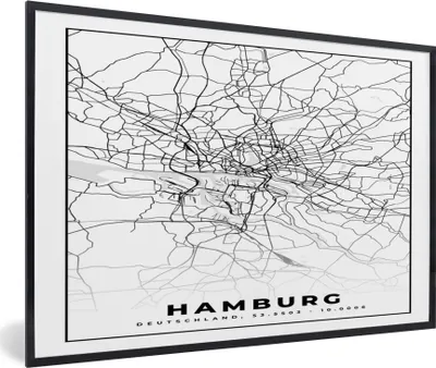 Produktbild von MuchoWow® Gerahmtes Poster Hamburg - Karte - Stadtplan 90x60 cm - Poster mit Schwarzem Bilderrahmen Wandposter Rahmen Foto Bilder - Fotorahmen - Foto-Plakat