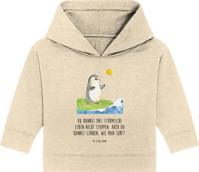 Produktbild von Mr. & Mrs. Panda Organic Baby Hoodie Pinguin Surfer 12. - 18. Monat - Natural Raw - Geschenk, Urlaub, Portugal, Optimistisch, Motiviert, Kapuzensweatshirt, Kapuzenshirt