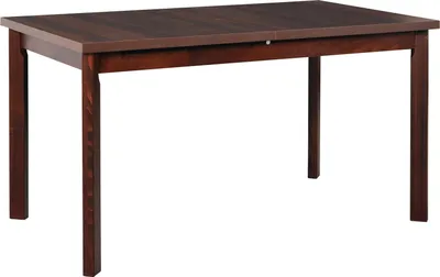 A dark brown wooden dining table is shown against a white background.