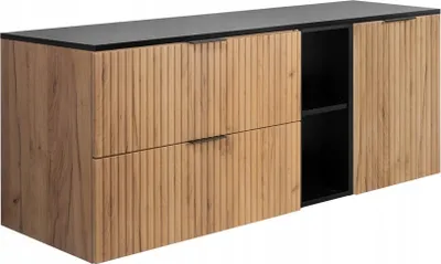 A modern bathroom cabinet with a wood-grain finish and fluted doors, set against a white background.