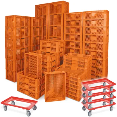 Produktbild von 78 Stück Stapelkörbe/Bäckerkästen in 5 Größen, Grundmaß LxB 600 x 400 mm, H 90 mm, 150 mm, 240 mm, 320 mm, 410 mm, Farbe orange + 5x Transportroller, rot
